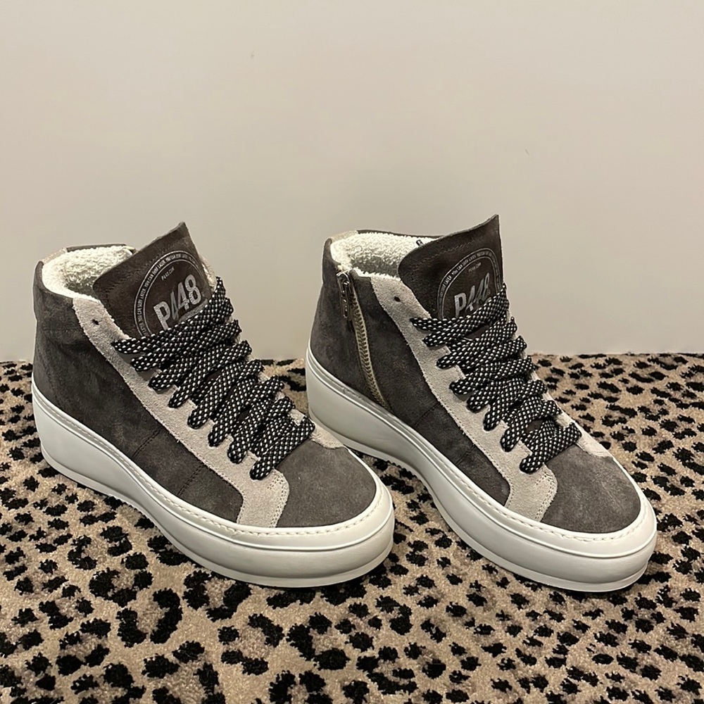 NEW RARE P448 Platform Hi Top Sneakers Wedge Lace Up Suede Zipper Shoes Size 37